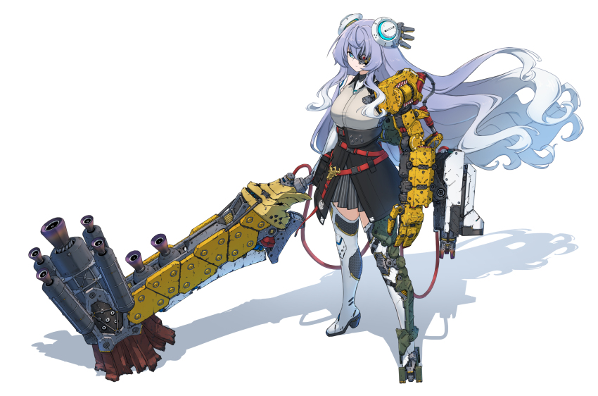1girl absurdres black_skirt blue_eyes blue_hair boots counter:side eyepatch full_body high_heels highres holding holding_weapon huge_weapon long_hair looking_at_viewer maxilax mechanical_arms prosthesis purple_hair shadow simple_background single_mechanical_arm skirt solo standing thigh_boots thighhighs very_long_hair weapon white_background white_hair