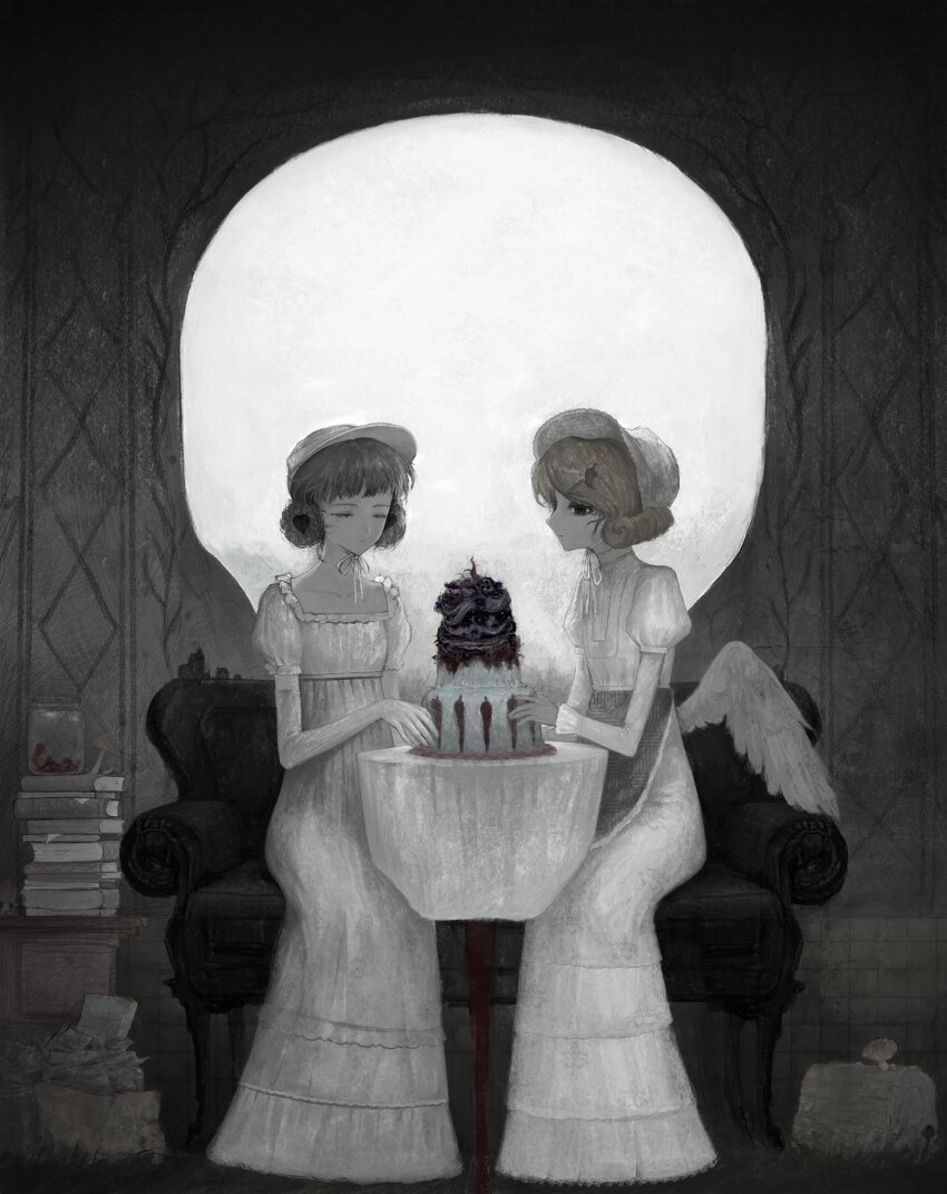 2girls angel_wings bonnet book book_stack cake chili_pepper chili_pepper_hair_ornament closed_eyes couch curly_hair dress elbow_gloves fine_art_parody food food-themed_hair_ornament gloves grey_hair grey_theme hair_ornament highres jar l&#039;amour_de_pierrot layered_dress multiple_girls mushroom optical_illusion original parody puffy_short_sleeves puffy_sleeves short_sleeves sitting table white_bonnet white_dress white_gloves window wings xiaozuansuki