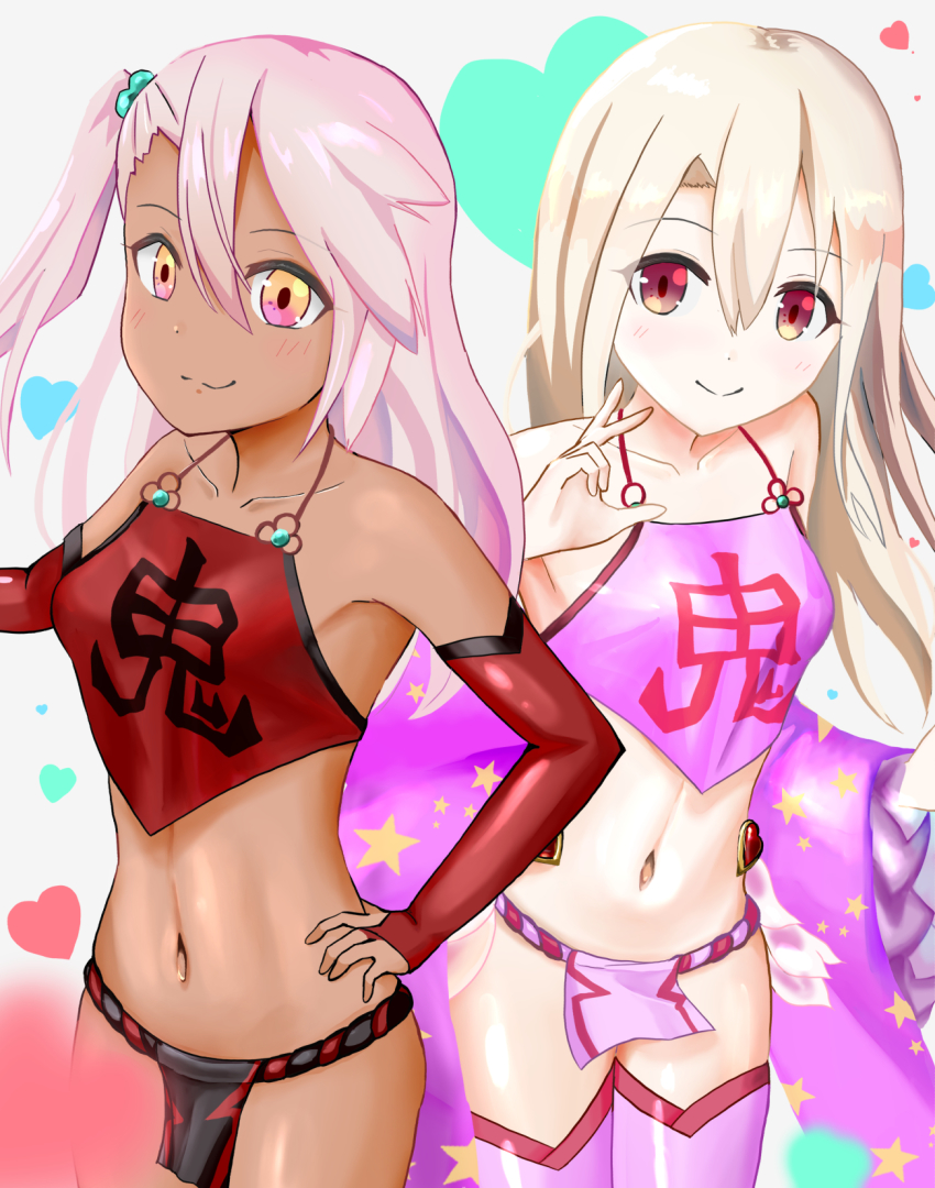 2girls bare_shoulders black_fundoshi blush breasts chinese_clothes chloe_von_einzbern closed_mouth collarbone cosplay dark-skinned_female dark_skin detached_sleeves dudou fate/grand_order fate/kaleid_liner_prisma_illya fate_(series) fundoshi hair_between_eyes hair_bobbles hair_ornament hand_on_own_hip heart highres illyasviel_von_einzbern japanese_clothes long_hair looking_at_viewer multiple_girls navel one_side_up orange_eyes pink_fundoshi pink_hair red_eyes sash shuten_douji_(fate) shuten_douji_(fate/grand_order) shuten_douji_(halloween_caster)_(fate) shuten_douji_(halloween_caster)_(fate)_(cosplay) silver_hair small_breasts smile star_(symbol) star_print terte thighhighs thighs white_background