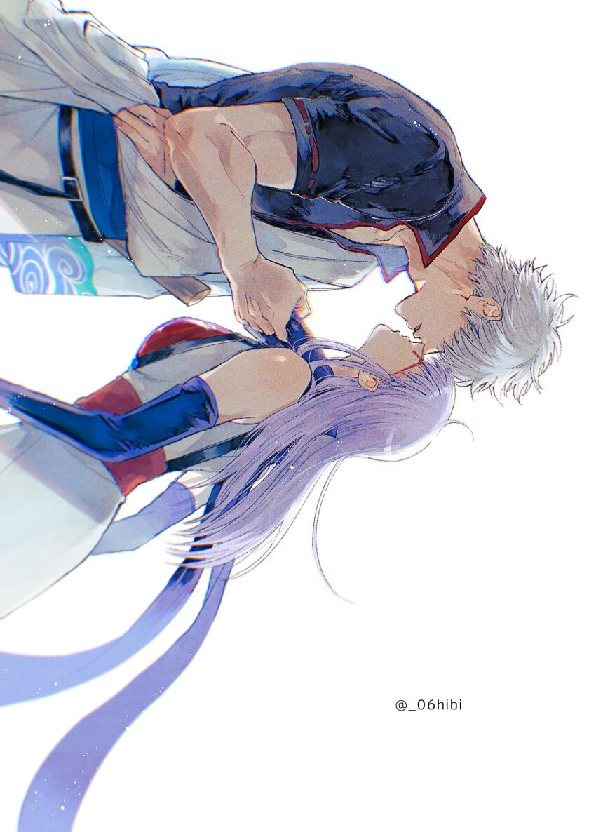 06hibi 1boy 1girl bare_shoulders belt black_belt blue_gloves blue_scarf breasts closed_eyes clothes_grab elbow_gloves from_side gintama gloves grey_hair hadanugi_dousa hetero highres imminent_kiss japanese_clothes kimono long_hair open_clothes open_kimono purple_hair red_sash sakata_gintoki sarutobi_asuma sash scarf shirt short_hair short_sleeves sideways sleeveless sleeveless_kimono toned twitter_username white_background white_kimono
