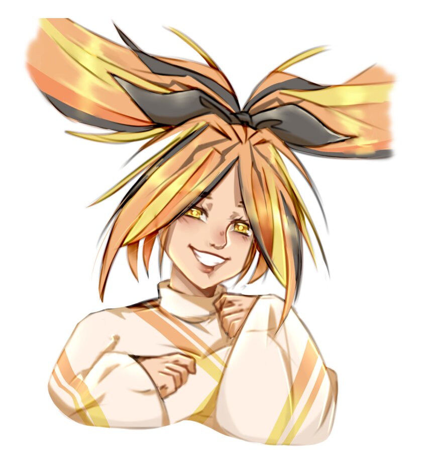 1girl bad_id bad_twitter_id big_hair black_bow black_hair blonde_hair bow character_request clenched_hands commentary copyright_request cropped_torso english_commentary eyelashes grin hair_bow high_ponytail highres lipstick long_sleeves luo_qiangwei makeup multicolored_hair one-hour_drawing_challenge orange_hair ponytail red_lips shirt simple_background sleeves_past_wrists smile solo split_ponytail streaked_hair touhou turtleneck turtleneck_shirt white_background white_shirt wide_sleeves yellow_eyes yellow_pupils