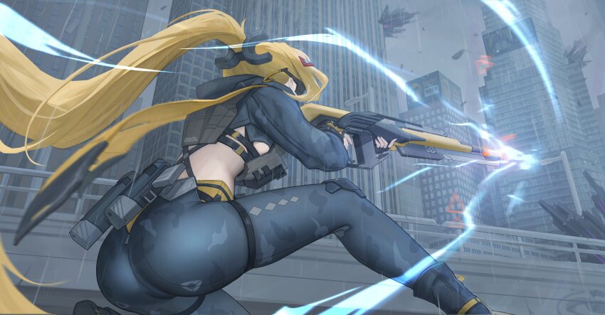 1girl absurdres ass black_pants blonde_hair breasts building bulletproof_vest camouflage camouflage_pants eye_mask firing from_behind grey_sky gun heine_(haloo1101) highres holding holding_weapon large_breasts long_hair on_one_knee outdoors pants ponytail rain rifle skin_tight sky skyscraper solo trigger_(zenless_zone_zero) underboob weapon zenless_zone_zero