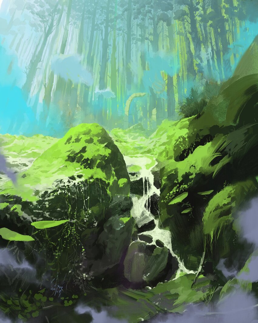 forest grass highres moss nature no_humans original rock scenery shadow slow_d stream sunlight tree water