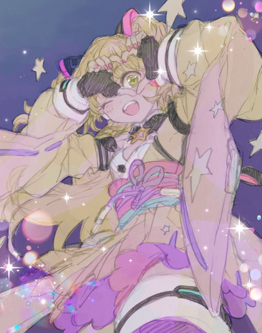 1girl blonde_hair breasts fingerless_gloves gacho_p gloves green_eyes heart heart_hands heart_hands_over_eye highres idolmaster idolmaster_cinderella_girls japanese_clothes jougasaki_rika kimono long_hair looking_at_viewer one_eye_closed open_mouth short_kimono sketch small_breasts solo star_(symbol) yellow_kimono