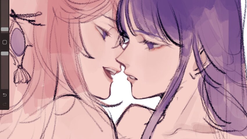 2girls bare_shoulders blunt_bangs close-up collarbone commentary couple earrings english_commentary face-to-face from_side genshin_impact hair_between_eyes hair_down highres jewelry long_hair looking_at_another multiple_girls open_mouth parted_lips pink_hair pink_lips purple_eyes purple_hair raiden_shogun sketch straight_hair teeth uatiorthnab unfinished upper_teeth_only wavy_hair yae_miko yuri