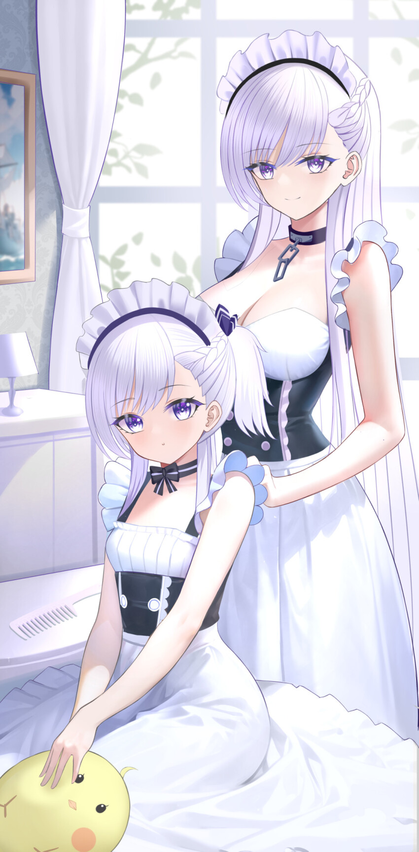 2girls :t apron azur_lane behind_another belfast_(azur_lane) black_choker blue_eyes braid breasts choker cleavage closed_mouth comb commentary curtains dress frilled_apron frills grey_hair highres indoors large_breasts little_bel_(azur_lane) long_hair looking_at_viewer maid maid_apron maid_headdress manjuu_(azur_lane) medium_hair mother_and_daughter multiple_girls picture_frame pout ribbon_choker sitting sleeveless sleeveless_dress small_breasts smile standing symbol-only_commentary tina_(tinafya) very_long_hair waist_apron white_apron white_hair window