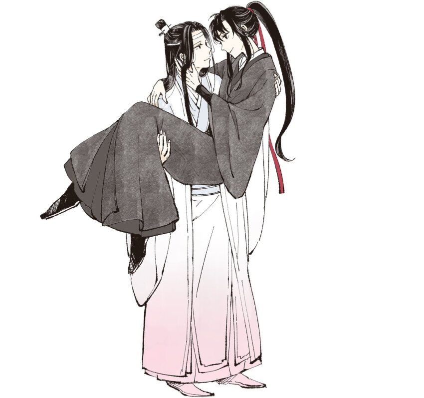 2boys black_boots black_eyes black_hair black_hanfu boots carrying chinese_clothes closed_mouth couple eye_contact full_body hair_ribbon hand_on_another&#039;s_neck hanfu headband high_ponytail highres lan_wangji limited_palette long_hair long_sleeves looking_at_another male_focus modao_zushi multiple_boys ponytail princess_carry profile red_ribbon ribbon robe shoes sidelocks simple_background smile standing topknot very_long_hair w2biiro wei_wuxian white_background white_boots white_hanfu white_headband wide_sleeves xiao_guan_(headdress) yaoi