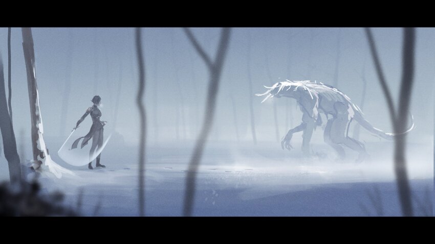 1girl arm_support bare_tree black_boots black_corset black_hair black_pantyhose black_shirt black_shorts blurry blurry_foreground boots breasts breath chest_harness coattails collared_shirt corset epaulettes faceless faceless_female facing_another fighting_stance floating_clothes fog footprints forest fringe_trim from_side gloves hand_up harness highres holding holding_sheath holding_sword holding_weapon imminent_fight large_breasts leaning_forward legs_apart long_arms long_hair long_neck long_sleeves looking_at_another military_uniform monster motion_lines muscular nature original pantyhose profile saber_(weapon) scabbard sheath shirt short_hair short_shorts shorts snow soldier squatting standing swinging_weapon sword tail tree underbust unsheathed unsheathing vertigris weapon white_fur white_gloves white_hair white_tail wide_shot winter