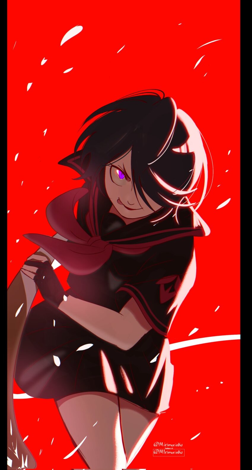 1girl black_hair bleach bleach:_sennen_kessen-hen hair_between_eyes hair_over_one_eye highres japanese_clothes karakura_high_school_uniform kuchiki_rukia looking_at_viewer m1rimorinku purple_eyes school_uniform shirt short_hair simple_background skirt smile solo tongue tongue_out weapon