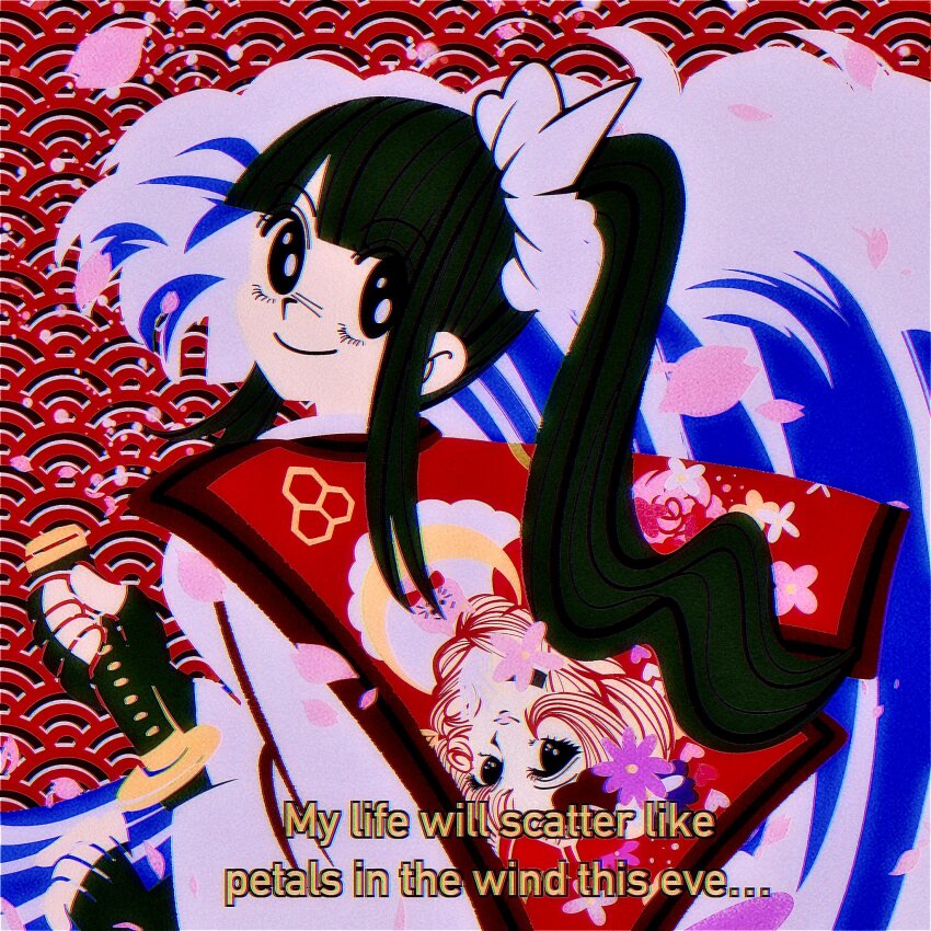 black_eyes black_hair bow closed_mouth highres holy_jumonji_sword japanese_clothes looking_at_viewer magadori_kyoshika ponytail red_bow retro_artstyle simple_background smile the_hundred_line_-last_defense_academy- turning_head