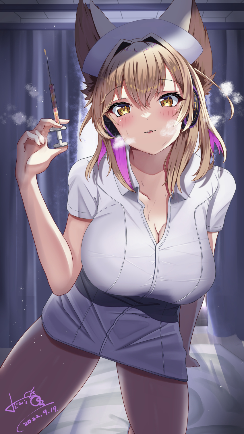 1girl absurdres alternate_costume animal_ears arm_up blonde_hair breasts cleavage colored_inner_hair highres hossy large_breasts looking_at_viewer multicolored_hair nurse open_mouth solo steam syringe thighs touhou toyosatomimi_no_miko yellow_eyes