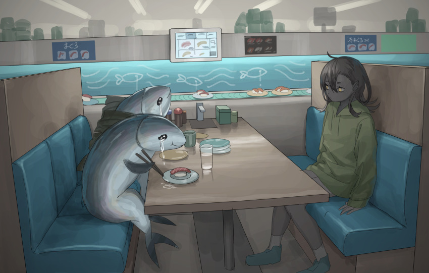 1girl bad_id bad_misskey.io_id black_hair blue_footwear booth_seating chopsticks conveyor_belt_sushi crying crying_with_eyes_open cup dark-skinned_female dark_skin drinking_glass expressionless fish food green_hoodie highres hoodie indoors original plate pointy_ears restaurant shoes sitting socks surreal sushi tears tensen_(dotted_line) webp-to-png_conversion yellow_eyes