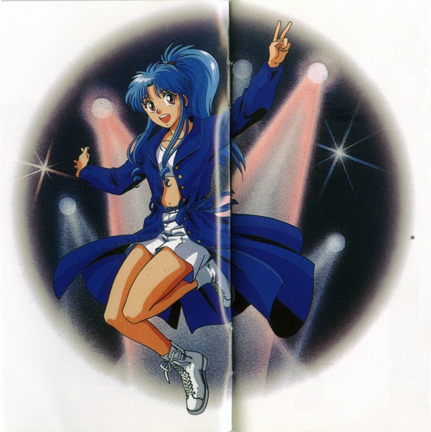 1990s_(style) 1girl alternate_costume blue_hair botan_(yu_yu_hakusho) breasts closed_mouth flying full_body high_ponytail highres japanese_clothes jumping long_hair looking_at_viewer multiple_views navel oar official_art open_mouth ponytail purple_eyes retro_artstyle scan shoes shorts simple_background sitting smile sneakers v wide_sleeves yuu_yuu_hakusho