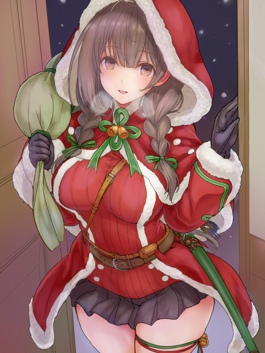1girl belt black_gloves black_skirt braid breasts brown_belt brown_eyes brown_hair capelet em_s fur-trimmed_capelet fur_trim gloves highres holding holding_sack hood hood_up hooded_capelet kantai_collection large_breasts long_hair long_sleeves looking_at_viewer miniskirt pleated_skirt red_capelet red_sweater sack santa_capelet santa_costume shinshuu_maru_(kancolle) skirt solo standing sweater thigh_strap twin_braids