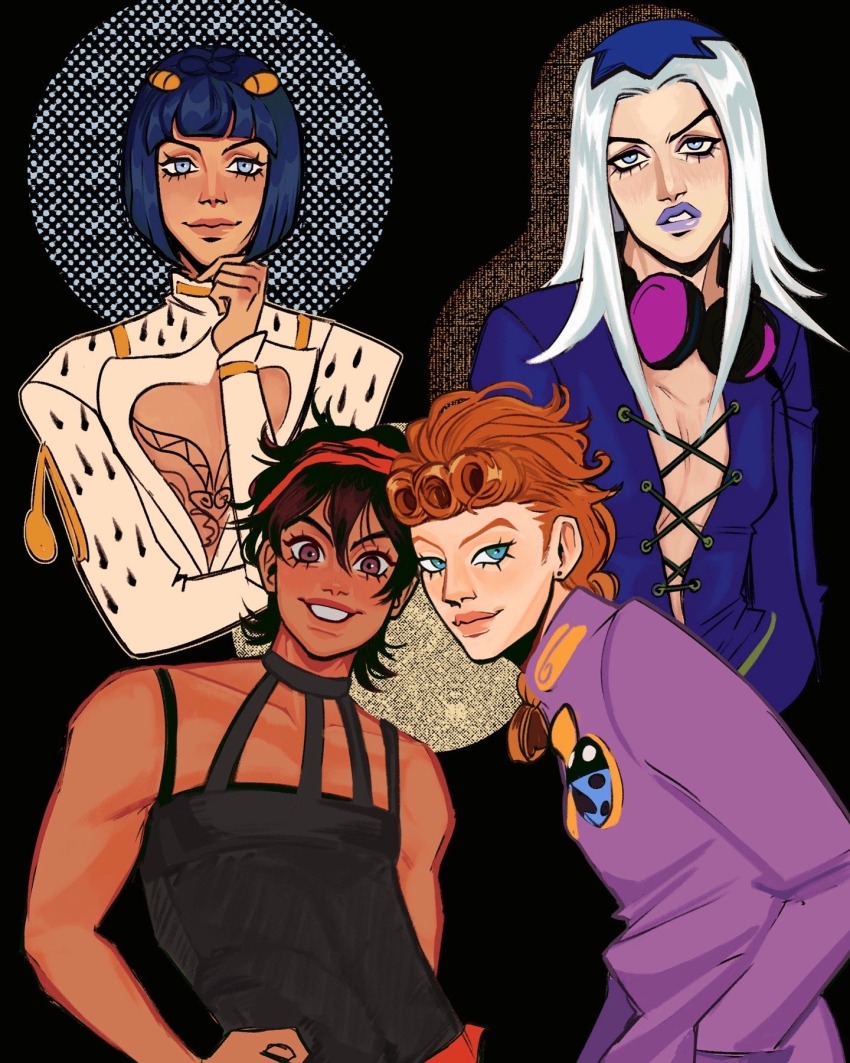 4boys black_hair blonde_hair blue_eyes blunt_bangs bob_cut braid bruno_bucciarati choker clip_studio_paint_(medium) earrings giorno_giovanna hair_ornament hairband hairclip hat highres jewelry jojo_no_kimyou_na_bouken ladybug_ornament leone_abbacchio lipstick long_hair makeup male_focus marzimars multiple_boys narancia_ghirga nose nostrils pectoral_cleavage pectorals plunging_neckline purple_lips short_hair smile vento_aureo white_hair zipper