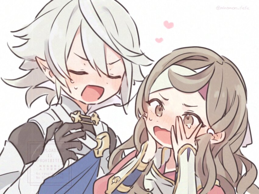 1boy 1girl brown_eyes brown_hair corrin_(fire_emblem) corrin_(male)_(fire_emblem) couple fire_emblem fire_emblem_fates hana_(fire_emblem) heart hetero highres nintendo open_mouth pointy_ears sorane_amus upper_body