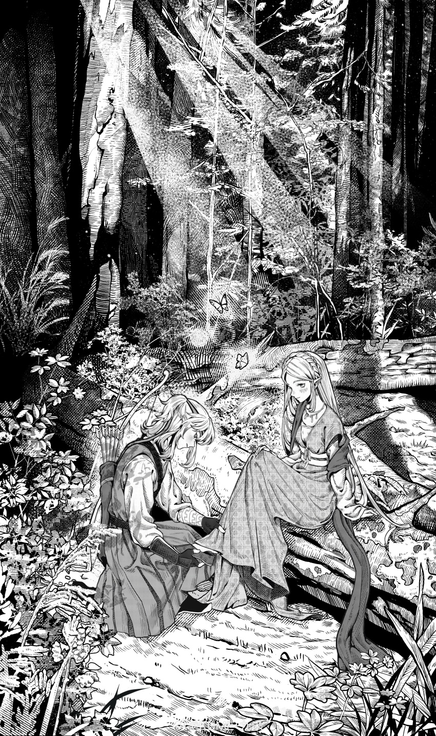 1boy 1girl absurdres adapted_costume adjusting_another&#039;s_clothes blush bracer braid bug butterfly chinese_commentary commentary_request crown_braid dress fingerless_gloves forest gloves greyscale headband highres insect jiuminene light_rays link long_hair long_sleeves medium_hair monochrome nature nintendo pointy_ears princess_zelda putting_on_footwear quiver shawl sitting the_legend_of_zelda the_legend_of_zelda:_breath_of_the_wild