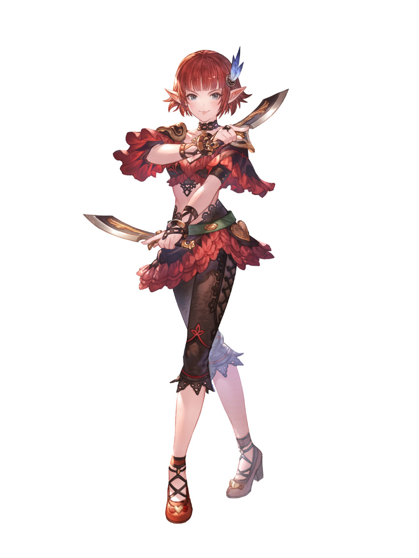 1girl absurdres artist_request belt black_bridal_gauntlets black_choker black_pants blue_eyes bracelet breasts bridal_gauntlets capri_pants choker choppy_bangs cleavage closed_mouth collarbone crossed_legs dagger dancer dancer_(final_fantasy) dual_wielding feather_hair_ornament feathers final_fantasy final_fantasy_xi full_body gold_bracelet granblue_fantasy green_belt hair_ornament heart high_heels highres holding holding_dagger holding_knife holding_weapon jewelry knife lilisette medium_breasts midriff official_art pants pointy_ears red_hair red_shoes second-party_source shoes short_hair smile solo transparent_background watson_cross weapon