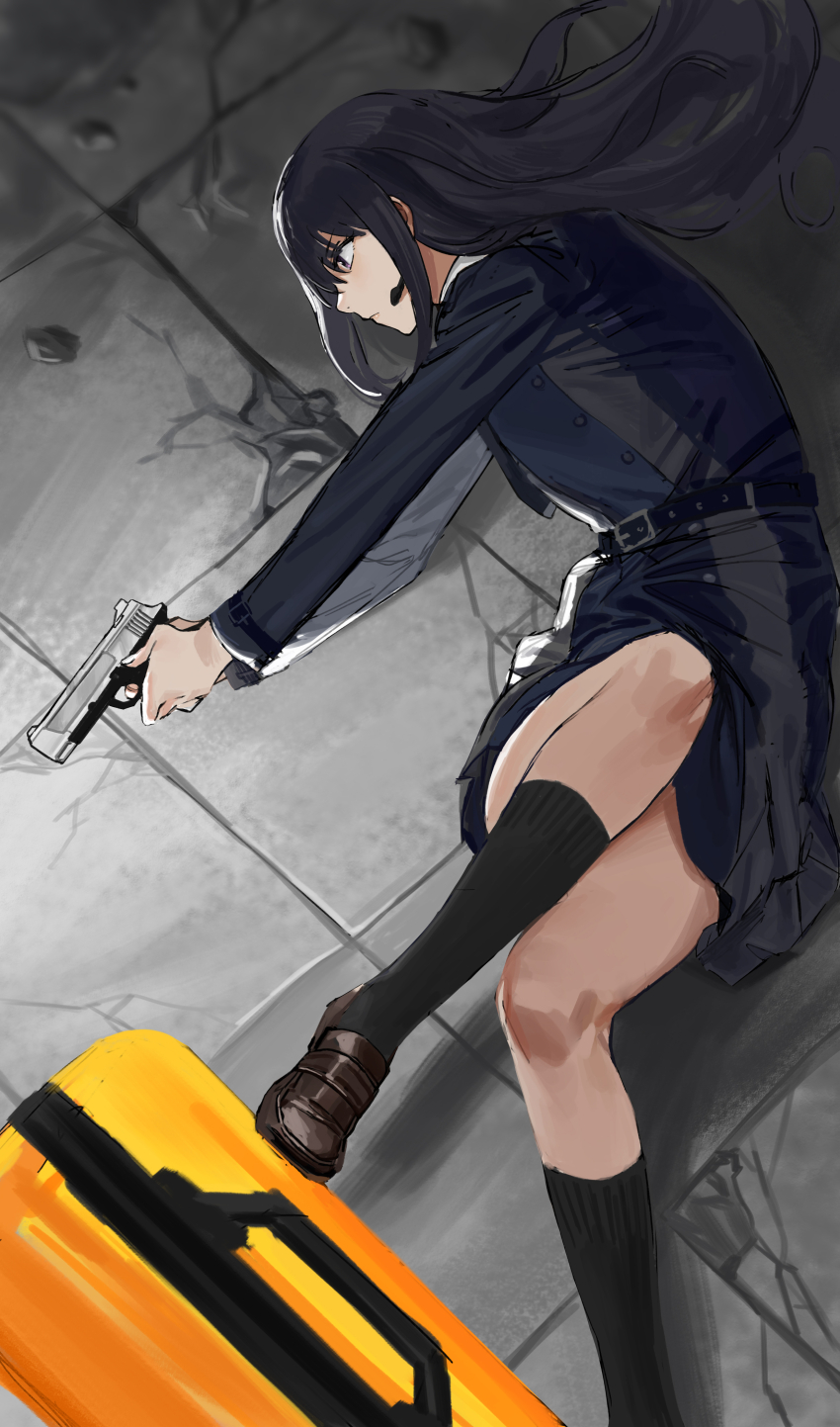 1girl absurdres belt black_belt black_hair black_socks blue_dress brown_shoes closed_mouth commentary dress gun handgun highres holding holding_gun holding_weapon inoue_takina kneehighs loafers long_hair long_sleeves lycoris_recoil lycoris_uniform lying microphone on_side purple_eyes rainbow_hose rolling_suitcase s&amp;w_m&amp;p shoes sidelocks socks solo suitcase weapon