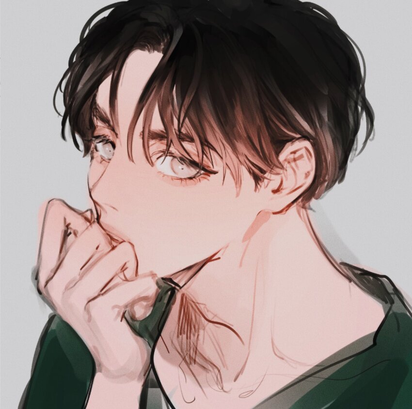 1boy brown_hair close-up commentary_request eyelashes green_shirt grey_shirt head_rest highres k-pop looking_at_viewer male_focus penpenguin17 real_life s.coups seventeen_(group) shirt short_hair simple_background solo