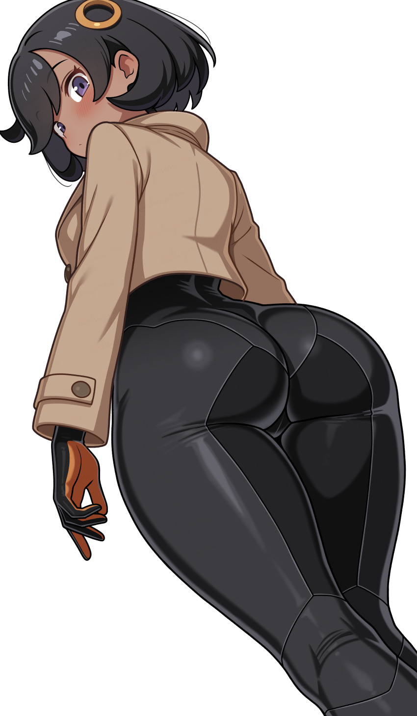 1girl absurdres ass black_hair bodysuit bodysuit_under_clothes breasts curvy dark_skin emma_(pokemon) gloves highres huge_ass jacket looking_at_viewer looking_back medium_breasts nintendo pokemon pokemon_legends:_z-a shiguren_39 shiny_clothes short_hair simple_background solo white_background wide_hips