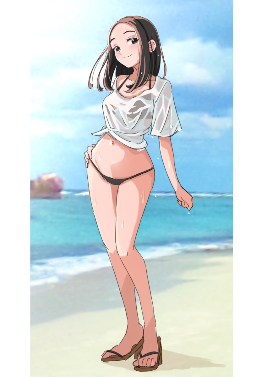 1girl beach bikini black_bikini black_hair blurry brown_eyes brown_hair cloud cloudy_sky day depth_of_field full_body hakuino_hakase hand_on_own_hip highres long_hair looking_at_viewer navel no_pants original outdoors sandals see-through_clothes see-through_shirt shirt sky smile solo standing swimsuit water water_drop wet wet_clothes wet_shirt
