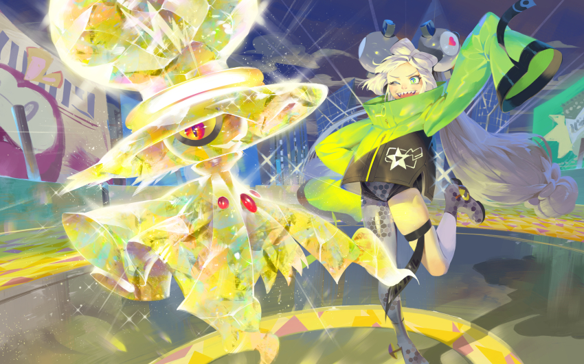 1girl ;d absurdres aqua_eyes boots bow-shaped_hair building character_hair_ornament cloud commentary eyelashes floating_hair gen_4_pokemon grey_boots hair_ornament highres iono_(pokemon) jacket leg_up long_hair long_sleeves mismagius night nintendo one_eye_closed open_mouth outdoors pokemon pokemon_(creature) pokemon_sv roly_poly_(aulischeung) sky sleeves_past_fingers sleeves_past_wrists smile teeth terastallization thigh_strap twintails upper_teeth_only