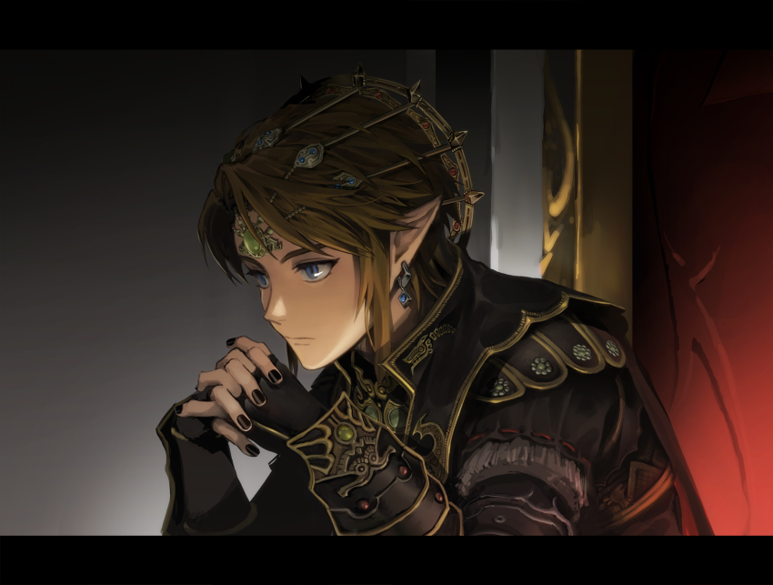 1boy alternate_costume black_gloves black_nails black_robe blonde_hair blue_eyes closed_mouth clothing_request commentary cosplay crown duplicate earrings english_commentary fingerless_gloves from_side ganondorf ganondorf_(cosplay) gloves gradient_background grey_background highres jewelry letterboxed link long_sleeves male_focus nail_polish nintendo pixel-perfect_duplicate pointy_ears robe short_hair sitting solo sophie_(693432) the_legend_of_zelda upper_body