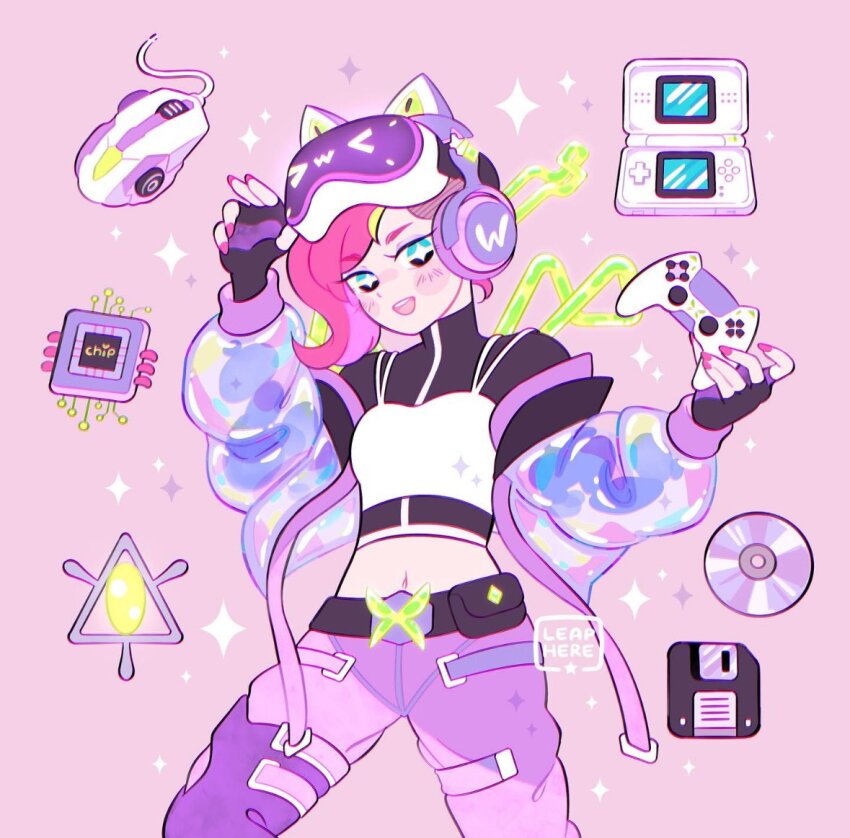 +_+ 1girl adapted_costume animal_ear_headphones animal_ears artist_name asymmetrical_hair baggy_pants black_gloves black_shirt blue_eyes blush_stickers bug butterfly casual cat_ear_headphones cd commentary controller cowboy_shot cropped_jacket cropped_shirt english_commentary fairy fake_animal_ears fingerless_gloves game_controller gloves green_butterfly green_hair green_wings happy head-mounted_display headphones holding holding_controller holding_game_controller insect jacket layered_sleeves leaphere legs_apart long_sleeves looking_at_viewer microchip midriff multicolored_hair nail_polish navel open_clothes open_jacket open_mouth pants pink_background pink_hair pink_nails puffy_long_sleeves puffy_sleeves purple_jacket purple_pants see-through_clothes see-through_jacket shirt short_hair simple_background smile solo sparkle sparkling_eyes standing streaked_hair tank_top tecna_(winx_club) teeth turtleneck turtleneck_shirt two-tone_hair upper_teeth_only watermark white_tank_top wings winx_club