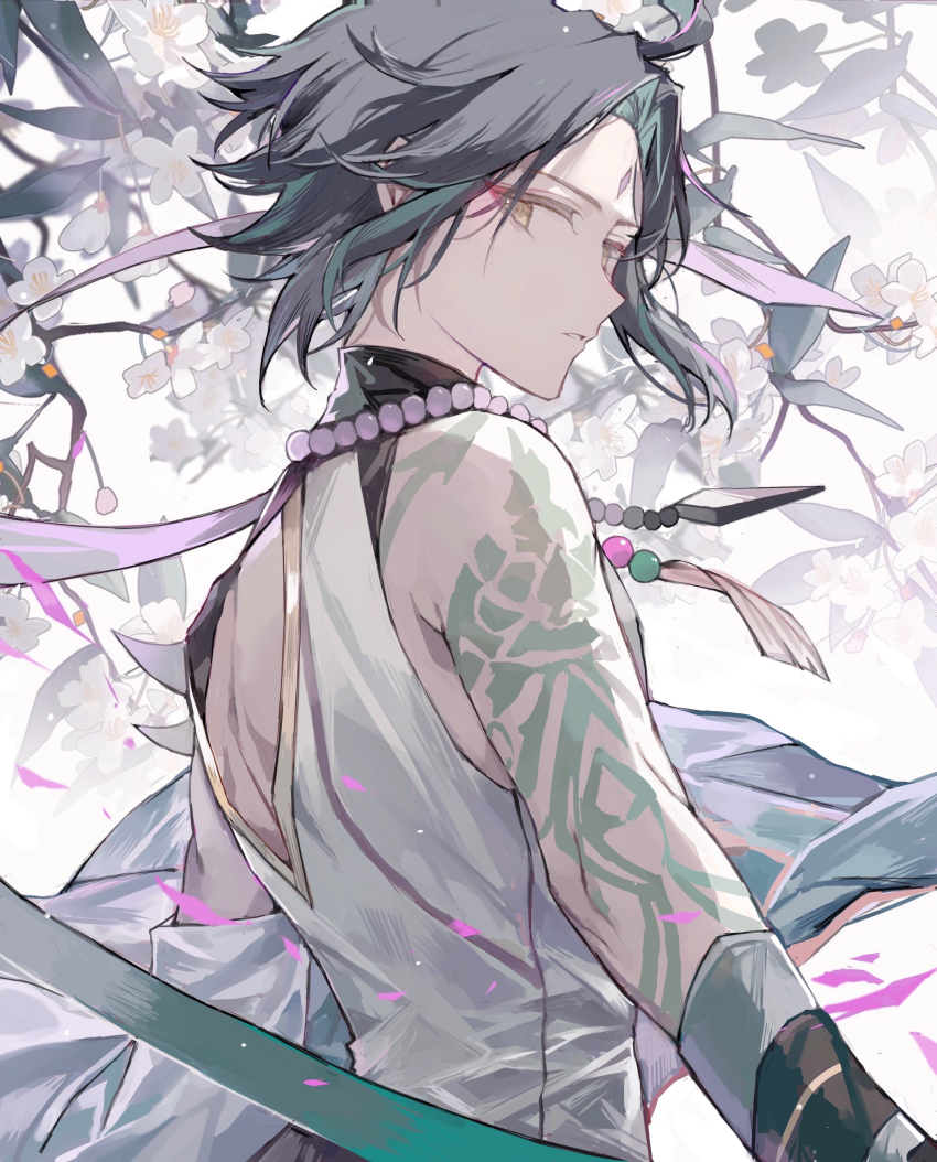 1boy absurdres arm_tattoo back_cutout bead_necklace beads black_gloves black_hair clothing_cutout eyeshadow facial_mark flower forehead_mark genshin_impact gloves green_hair highres jewelry leaf makeup male_focus multicolored_hair necklace nokoya parted_lips petals red_eyeshadow simple_background solo tassel tattoo white_background white_flower xiao_(genshin_impact) yellow_eyes
