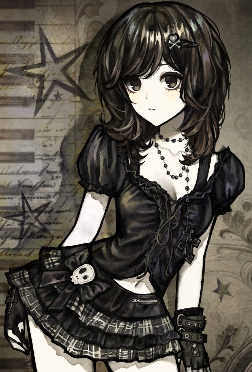 1girl black_bow black_gloves black_hair black_shirt bow breasts cleavage clothing_cutout collarbone cowboy_shot cross cross-laced_clothes cross-laced_top cross_necklace fingerless_gloves gd783hhh gloves hair_ornament hairclip highres jewelry looking_at_viewer medium_hair miniskirt necklace original pale_skin plaid_clothes plaid_skirt puffy_short_sleeves puffy_sleeves shirt short_sleeves skirt solo stomach_cutout swept_bangs zipper