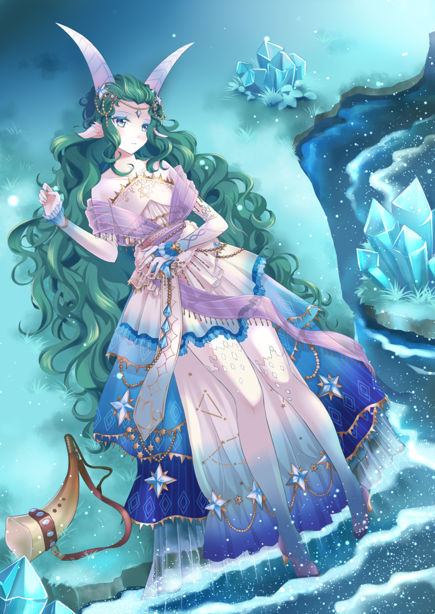 1girl alice_closet asymmetrical_legwear blue_eyes blue_eyeshadow blue_gemstone blue_skirt blue_thighhighs capricorn_(constellation) capricorn_(zodiac) closed_mouth commentary_request crystal dress drinking_horn expressionless eyeshadow forehead_jewel full_body gem gradient_thighhighs green_hair grey_shoes hexagram high_heels highres horns iris_(alice_closet) long_hair looking_afar lying makeup off-shoulder_dress off_shoulder on_back on_ground pointy_ears shiikasan shoes showgirl_skirt skirt solo thighhighs uneven_legwear very_long_hair wavy_hair white_dress white_horns zodiac