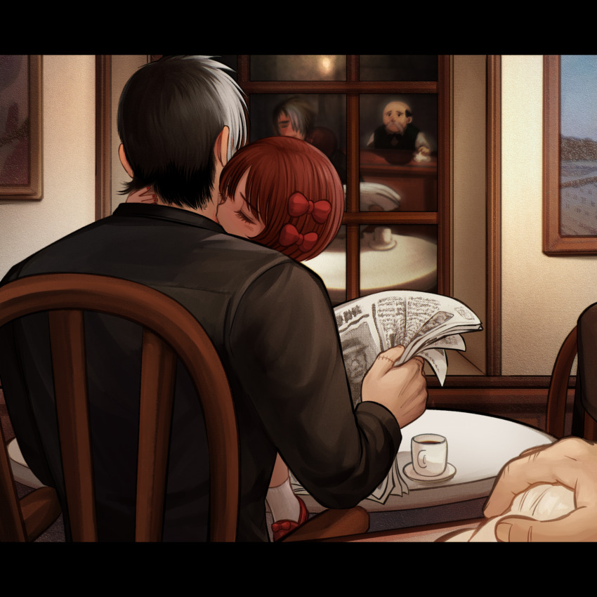 1girl 2boys absurdres age_difference black_hair black_jack_(character) black_jack_(series) bow collared_shirt hair_bow hair_over_one_eye hetero highres kiss kissing_neck loli long_sleeves multicolored_hair multiple_boys multiple_hair_bows newspaper nsfmeows pinoko scar shirt short_hair stitches two-tone_hair white_hair