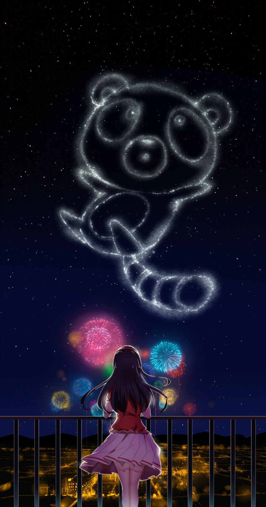 10s 1girl absurdres aerial_fireworks black_hair far_eastern_funion female_focus fireworks gekkan_shoujo_nozaki-kun hairband highres long_hair miyako_yukari night night_sky sky solo tanuki