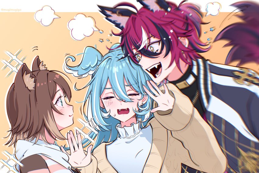 +_+ 1boy 2girls :d ahoge animal_ear_fluff animal_ear_piercing animal_ears artist_name black_hair black_shirt blue_hair blue_jacket blush brown_cardigan brown_hair cardigan cat_ears choker closed_eyes closed_mouth commentary crossed_bangs diffraction_spikes doppio_dropscythe doppio_dropscythe_(1st_costume) drawstring ear_piercing earrings elira_pendora elira_pendora_(3rd_costume) eyebrow_piercing fangs fumino_tamaki fumino_tamaki_(1st_costume) gold_necklace green_eyes hair_between_eyes half_updo hands_up head_wings high_ponytail highres hood hood_down hoodie jacket jewelry long_hair long_sleeves looking_at_another motion_blur motion_lines mugimugigo multicolored_eyes multicolored_hair multiple_girls necklace nijisanji nijisanji_en official_alternate_costume open_clothes open_jacket open_mouth orange_background piercing ponytail profile purple_hair shirt short_hair sidelocks sleeves_past_wrists smile streaked_hair striped_clothes striped_hoodie sweatdrop sweater symbol-only_commentary tail tail_wagging teeth turtleneck twitter_username two-tone_eyes upper_body virtual_youtuber white_choker white_hair white_sweater wide-eyed wings wolf_boy wolf_ears wolf_tail yellow_eyes
