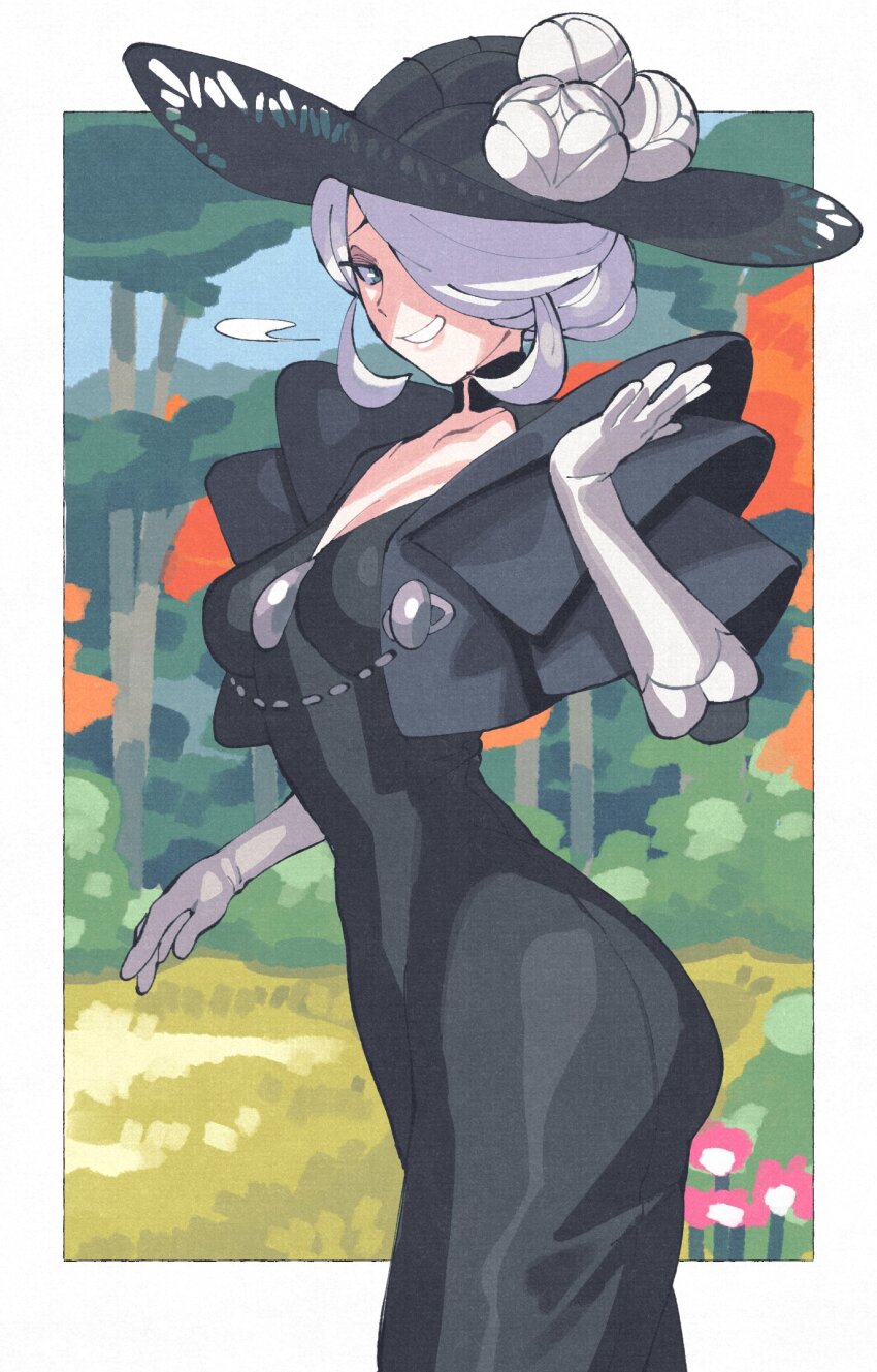 1girl ass black_dress black_hat breasts cogita_(pokemon) cowboy_shot dress flower forest furrowed_brow gloves grin hair_bun hair_over_one_eye hand_up hat hat_flower highres inkerton-kun looking_at_viewer mature_female nature nintendo pokemon pokemon_legends:_arceus short_hair single_hair_bun smile solo sun_hat v-neck white_gloves white_hair