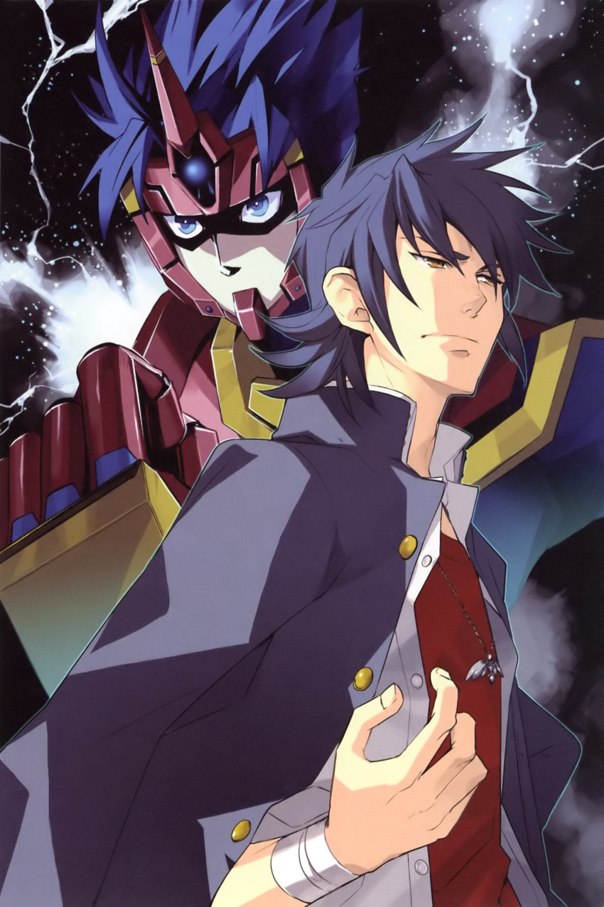 1boy absurdres banpresto blue_eyes blue_hair clenched_hand fighter_roar gakuran highres kouta_azuma lightning male_focus multiple_persona school_uniform space super_robot_wars super_robot_wars_original_generation super_robot_wars_original_generation_gaiden yellow_eyes yuikawa_kazuno
