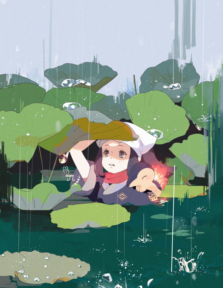 1girl absurdres akari_(pokemon) arm_up black_hair commentary cyndaquil day english_commentary eyelashes gen_2_pokemon headscarf highres leaf lily_pad long_hair nintendo outdoors parted_lips partially_submerged pokemon pokemon_(creature) pokemon_legends:_arceus ponytail rain red_scarf scarf short_sleeves sidelocks signature sugahri water water_drop white_headscarf white_headwear