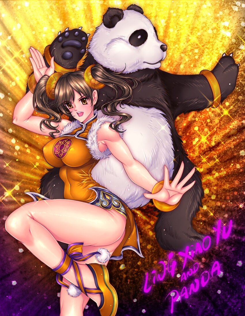 1girl ass bare_shoulders black_hair bottomless breasts highres john_r large_breasts ling_xiaoyu long_hair panda panda_(tekken) sleeveless teeth tekken twintails upper_teeth_only yellow_eyes