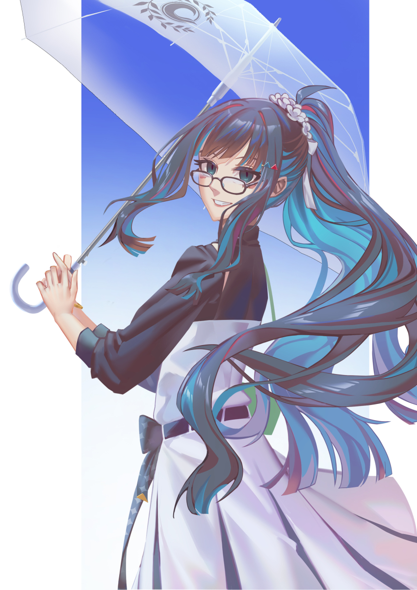 1girl absurdres black_hair black_shirt blue_eyes blue_hair breasts colored_inner_hair dress eyeliner fate/grand_order fate_(series) glasses grin highres long_hair long_sleeves looking_at_viewer makeup multicolored_hair ponytail shirt sidelocks small_breasts smile solo tenochtitlan_(fate) umbrella white_dress zero_yee