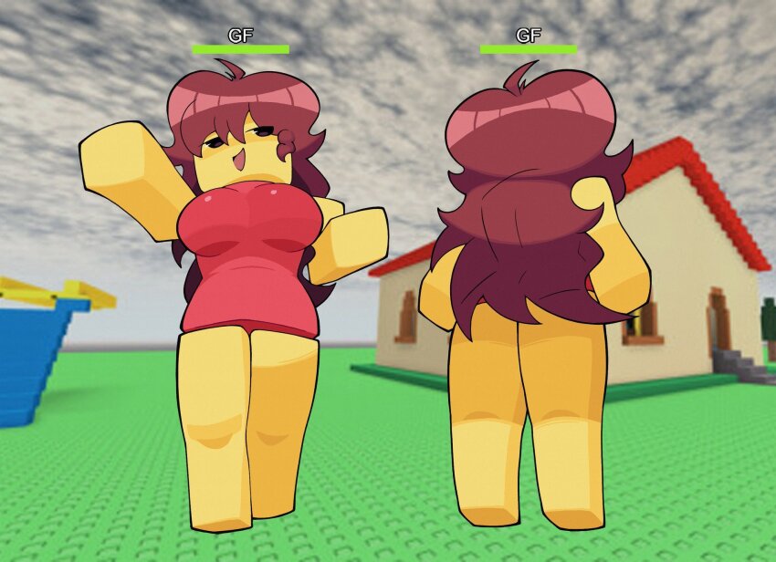 1girl ahoge black_eyes breasts brown_hair colored_skin dress drizzlewashere dual_persona friday_night_funkin&#039; girlfriend_(friday_night_funkin&#039;) highres large_breasts long_hair red_dress roblox yellow_skin