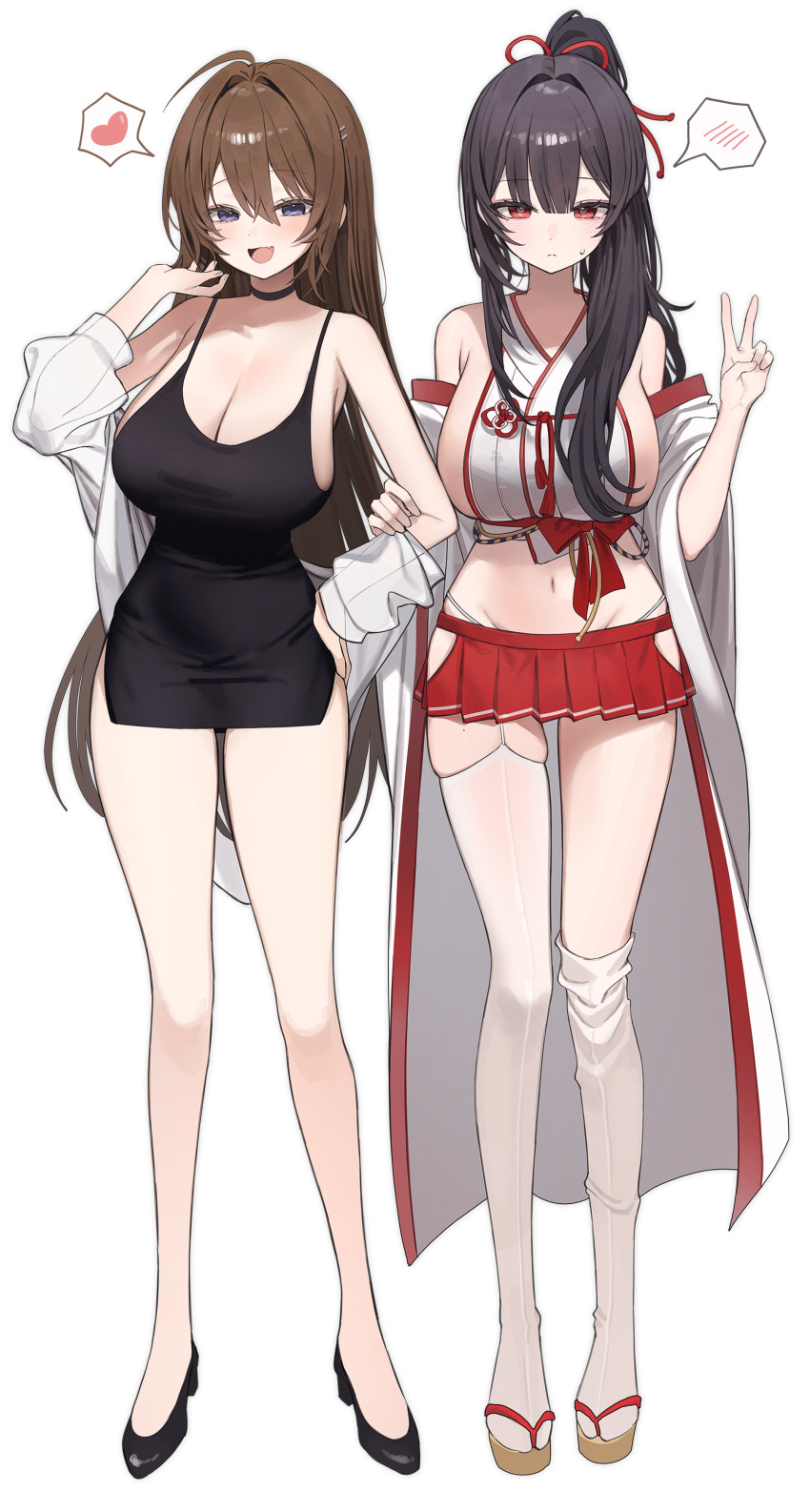 2girls absurdres ahoge bare_legs bare_shoulders black_choker black_dress black_hair blue_eyes breasts brown_hair chimyo choker cleavage commission cosplay costume_switch crop_top dress fang flats full_body garter_straps hand_on_own_hip hand_up heart highres hip_vent huge_breasts jacket large_breasts long_hair looking_at_viewer microskirt midriff multiple_girls navel nontraditional_miko off_shoulder open_mouth original panty_straps pleated_skirt ponytail red_eyes red_skirt rie_(mirae_yang) second-party_source shirt short_dress side_slit sideboob skirt sleeveless sleeveless_dress sleeveless_shirt smile spaghetti_strap spoken_blush spoken_heart standing stomach sweatdrop takamiya_keika thighhighs thighs v very_long_hair white_jacket white_shirt white_thighhighs wide_sleeves