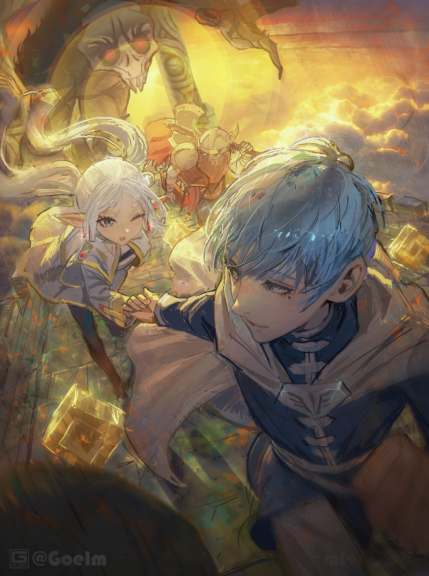 1girl 2boys absurdres artist_name axe battle_axe beard black_pants black_pantyhose black_shirt blue_coat blue_eyes blue_hair boots brown_footwear brown_hair cape capelet clenched_hand cloud coat collared_coat cube demon earrings eisen_(sousou_no_frieren) elf eyelashes facial_hair fake_horns floating_cape floating_clothes floating_hair frieren golemmm green_eyes grey_helmet grey_pants helmet highres himmel_(sousou_no_frieren) holding holding_axe holding_hands holding_to_chest horned_helmet horns jacket jewelry long_hair long_sleeves looking_at_another mimic mimic_chest mole mole_under_eye multiple_boys one_eye_closed open_clothes open_jacket open_mouth orange_sky outdoors over_shoulder pants pantyhose parted_lips pointy_ears red_vest running shirt short_hair skirt sky smile sousou_no_frieren striped_clothes striped_shirt sun sunset twintails two-tone_shirt very_long_hair vest weapon weapon_over_shoulder white_cape white_capelet white_hair white_jacket white_shirt white_skirt