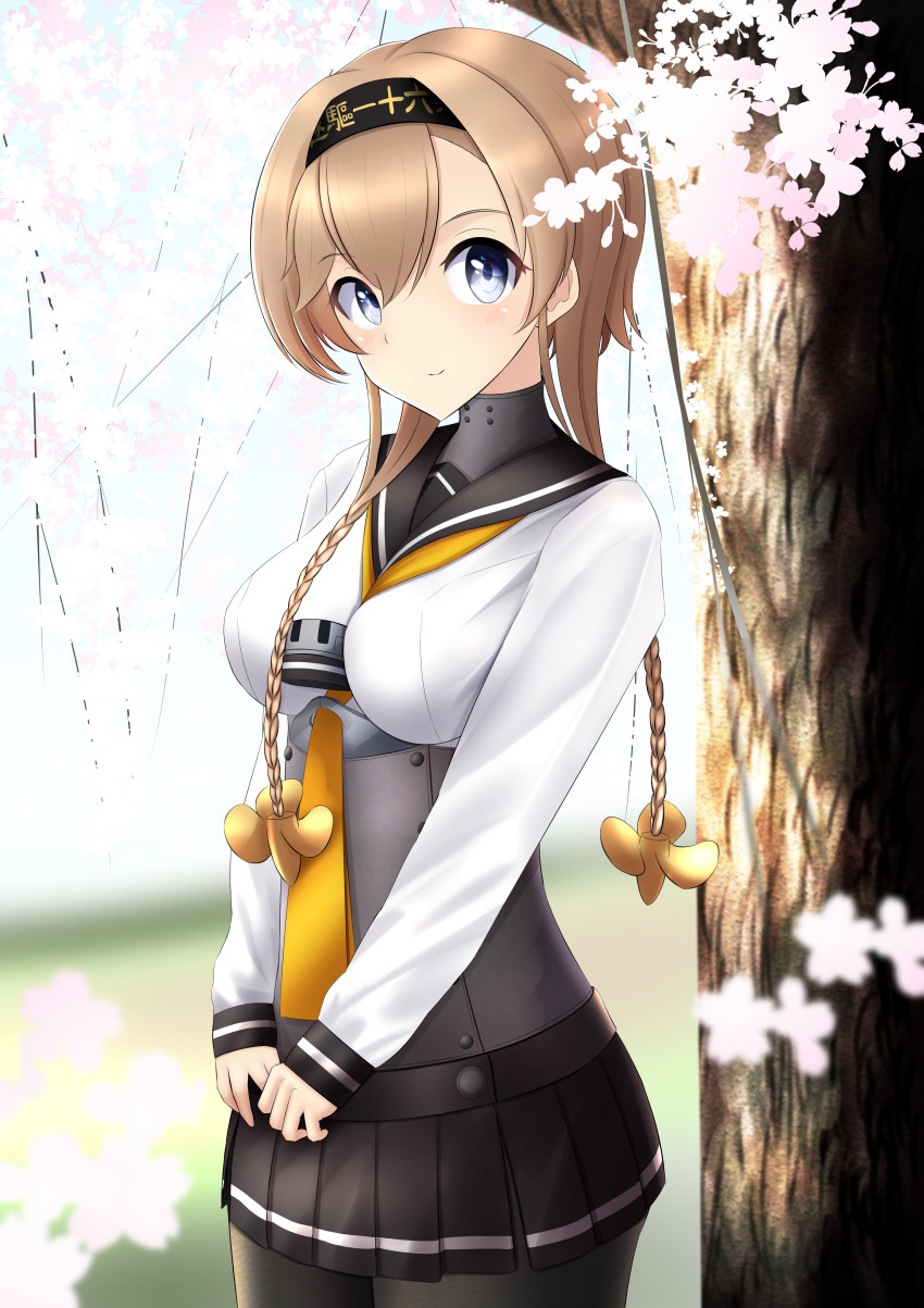 absurdres between_breasts black_pantyhose blue_eyes braid breasts cherry_blossoms day hachimaki hair_ornament headband highres kantai_collection large_breasts light_brown_hair long_sleeves nokonoko outdoors pantyhose propeller_hair_ornament school_uniform serafuku solo teruzuki_(kancolle) tree twin_braids