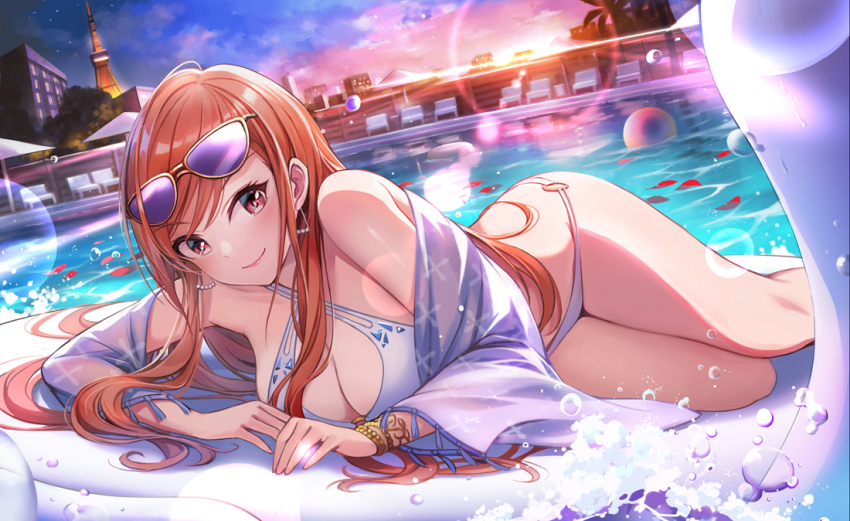 1girl ahoge arisugawa_natsuha ball bare_shoulders beachball bikini bird blue_bikini blurry blurry_background blush bracelet breasts building chair cityscape cleavage closed_mouth cloud collarbone dot_nose earrings eyewear_on_head gradient_sky idolmaster idolmaster_shiny_colors inflatable_raft jewelry large_breasts lens_flare long_hair long_sleeves looking_at_viewer lounge_chair lying multiple_bracelets o-ring o-ring_bikini on_side orange_hair palm_tree parasol petals petals_on_liquid pool poolside print_shirt purple_shirt see-through_clothes see-through_shirt shirt sky smile solo splashing star_(sky) sunglasses sunset swan swept_bangs swimsuit tokyo_tower tree tuna_picture umbrella wide_sleeves