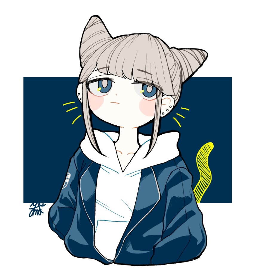 1girl blue_background blue_eyes blunt_bangs bright_pupils closed_mouth commentary_request cone_hair_bun cropped_torso double_bun drawn_tail drawn_whiskers grey_hair hair_bun highres hood hood_down hoodie jacket jasmine_(toshi_densetsu_kaitai_center) limited_palette long_sleeves looking_at_viewer open_clothes open_jacket short_hair solo toshi_densetsu_kaitai_center upper_body yamada_fgm