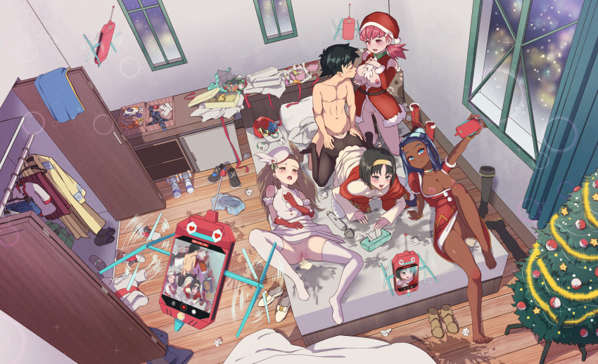 1boy 4girls aqua_eyes ash_ketchum black_hair black_pantyhose blue_hair breast_sucking breasts brown_eyes brown_hair censored christmas cum cum_in_pussy cumdrip dark-skinned_female dark_skin doggystyle dress earrings elbow_gloves erika_(holiday_2020)_(pokemon) erika_(pokemon) fur-trimmed_headwear fur_trim gangbang gloves group_sex hairband harem hat hetero highres hoop_earrings in-franchise_crossover indoors jasmine_(holiday_2022)_(pokemon) jasmine_(pokemon) jewelry large_breasts long_hair medium_breasts mixed-language_commentary mosaic_censoring multicolored_hair multiple_girls nessa_(holiday_2021)_(pokemon) nessa_(pokemon) nintendo nipples official_alternate_costume on_bed paid_reward_available pantyhose pink_eyes pink_hair pokemon pokemon_(anime) pokemon_masters_ex poryphone red_dress red_gloves red_hat santa_costume santa_dress santa_hat sex sex_from_behind short_hair taking_picture thighhighs toiro_gawon torn_clothes torn_pantyhose twintails two-tone_hair two_side_up unworn_clothes white_dress white_hat white_thighhighs whitney_(holiday_2022)_(pokemon) whitney_(pokemon)