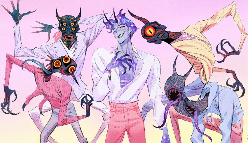 5boys abby_(kpop_demon_hunters) ami_thompson baby_(kpop_demon_hunters) black_sclera blue_hoodie blue_sky body_markings cardigan claws collared_shirt colored_sclera concept_art demon_boy demon_horns extra_eyes facial_mark fangs grey_jacket grey_pants highres hood hood_down hoodie horns jacket jinu_(kpop_demon_hunters) kpop_demon_hunters male_focus multiple_boys mystery_(kpop_demon_hunters) one_eye_closed open_clothes open_shirt orange_eyes pants parted_bangs pink_hair pink_pants pink_shirt pink_sweater print_shirt prototype_design purple_hair romance_(kpop_demon_hunters) shirt short_hair sky smile suit_jacket sweater tongue tongue_out turtleneck turtleneck_sweater white_pants white_shirt yellow_cardigan