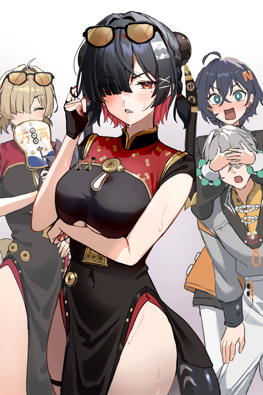 1boy 3girls ahoge bare_shoulders belle_(delicate_sunlight)_(zenless_zone_zero) belle_(zenless_zone_zero) black_dress black_gloves black_hair black_shirt blue_hair blush breasts brown_hair china_dress chinese_clothes clenched_teeth colored_inner_hair cosplay covering_another&#039;s_eyes dress ellen_joe eyewear_on_head fingerless_gloves fins fish_tail gloves green_eyes grey_hair grey_shirt hair_ornament hair_over_one_eye hand_fan highres large_breasts letter_hair_ornament long_sleeves looking_at_viewer low_twintails medium_breasts multicolored_hair multiple_girls orange-tinted_eyewear orange_skirt pants pelvic_curtain red_dress red_eyes red_hair shark_girl shark_tail shirt short_hair short_twintails side_slit single_fingerless_glove skirt sunglasses sweety_(zenless_zone_zero) sweety_(zenless_zone_zero)_(cosplay) tail teeth thighs tinted_eyewear twintails two-tone_dress uuroncha white_pants wise_(soaring_crane)_(zenless_zone_zero) wise_(zenless_zone_zero) zenless_zone_zero
