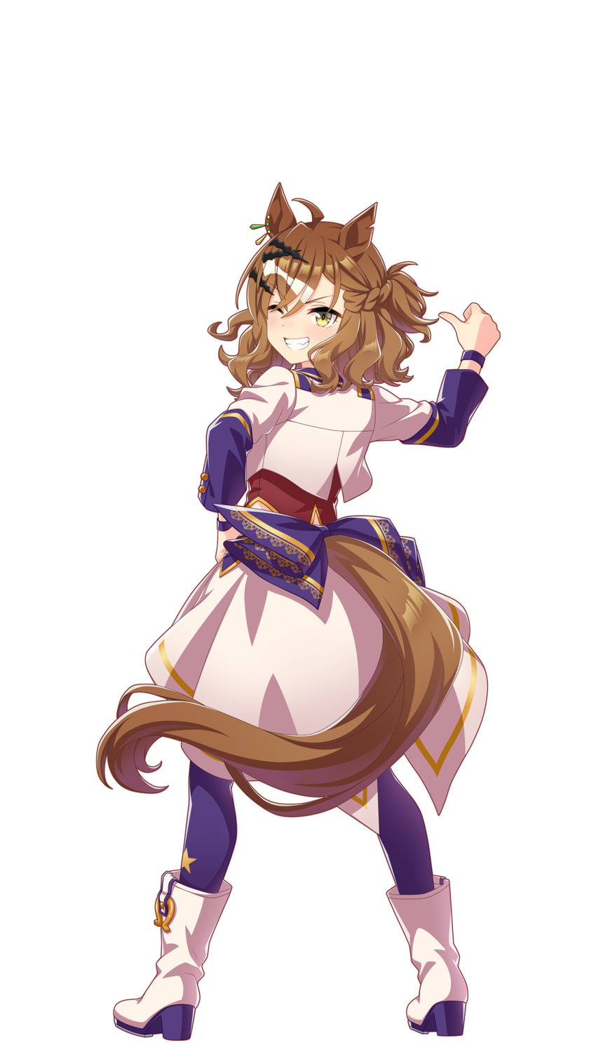 1girl ahoge animal_ears back_ribbon boots braid brown_eyes brown_hair ear_covers ear_ornament earrings from_behind full_body hair_between_eyes hair_ornament hairclip half_up_braid hand_on_own_hip highres horse_ears horse_girl horse_tail horseshoe horseshoe_ornament jacket jewelry jungle_pocket_(umamusume) looking_at_viewer looking_back midriff multicolored_hair official_art one_eye_closed open_mouth parted_lips pointing pointing_at_self short_hair single_ear_cover single_earring skirt solo standing starting_future_(umamusume) streaked_hair tail thighhighs transparent_background two-tone_hair umamusume white_boots white_hair white_jacket white_skirt wristband